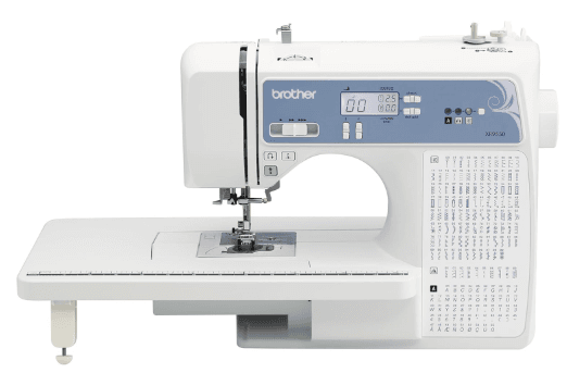 Brother XM2701 Sewing Machine with accessories showing stitch selection dial and included feet