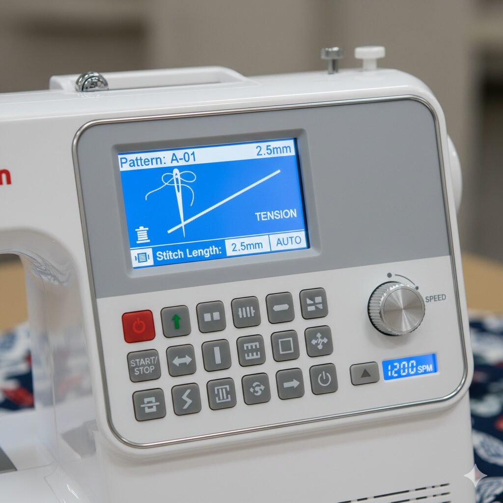 Close-up of a computerized sewing machine's LCD screen and buttons.