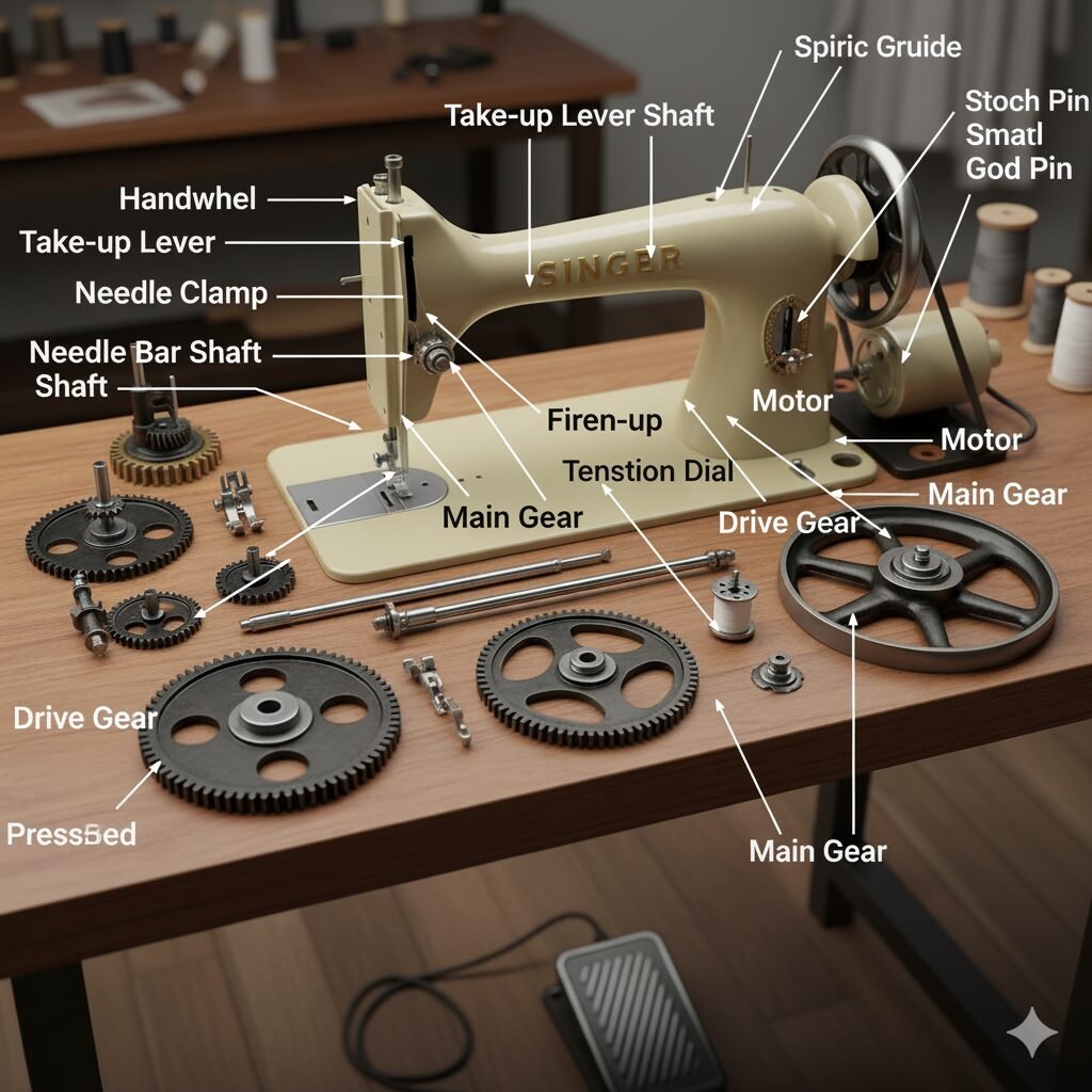 A diagram of a modern sewing machine with all the essential parts labeled.