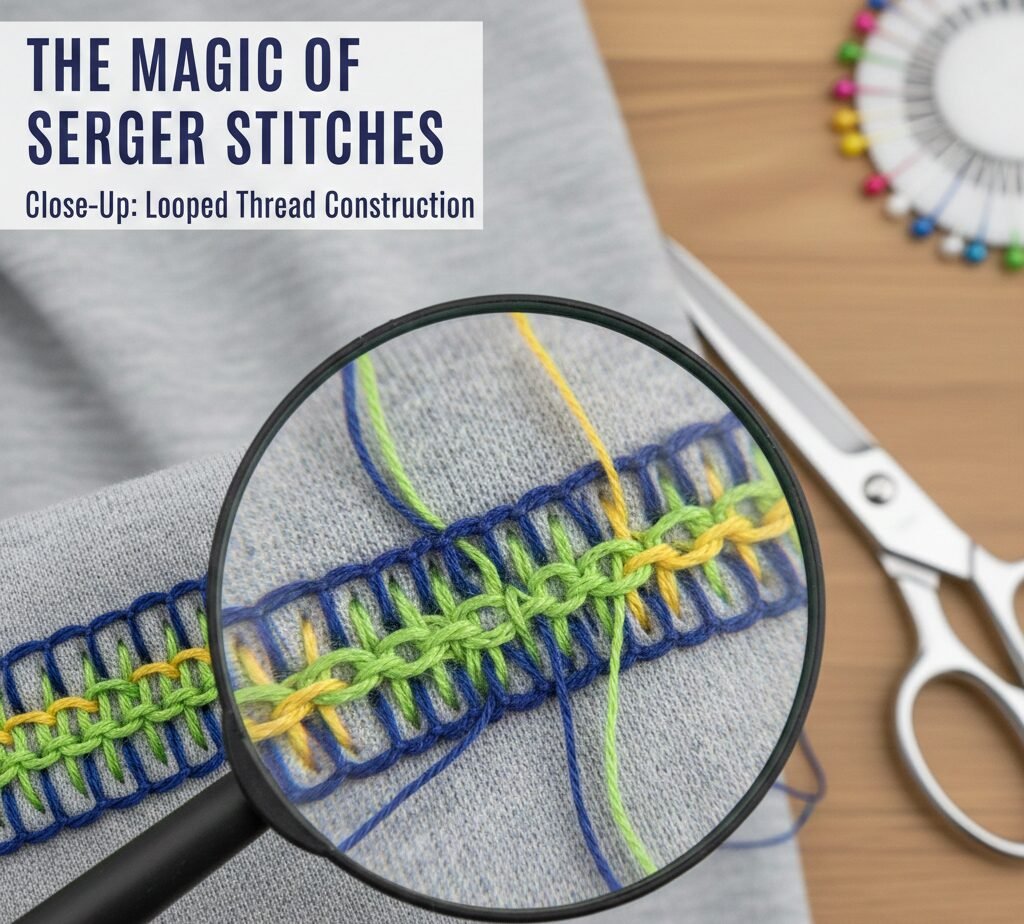 Close-up of serger stitches showing looped thread construction