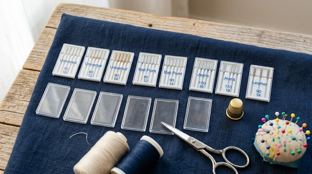 Assortment of sewing machine needles on fabric background