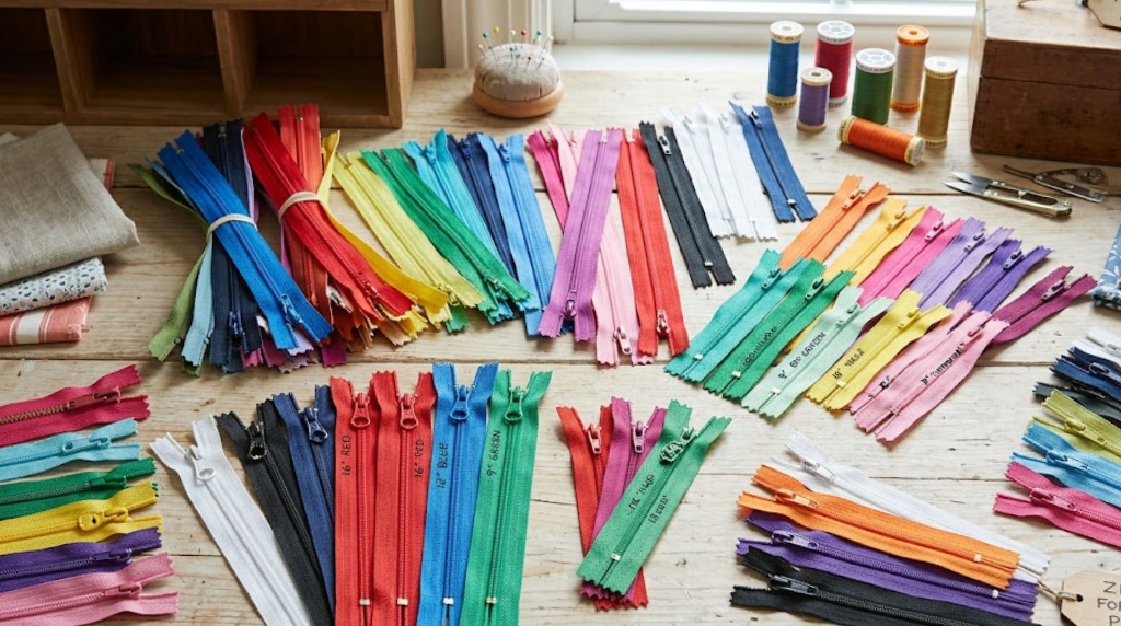 Assortment of zippers in various colors for sewing projects