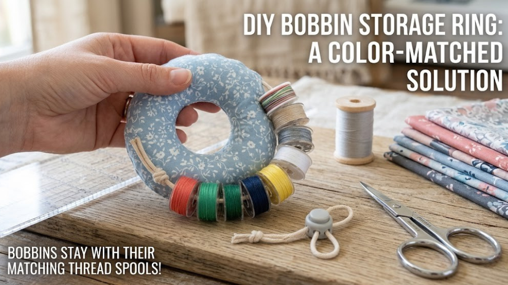 Collection of bobbins organized on a ring holder with coordinating thread spools