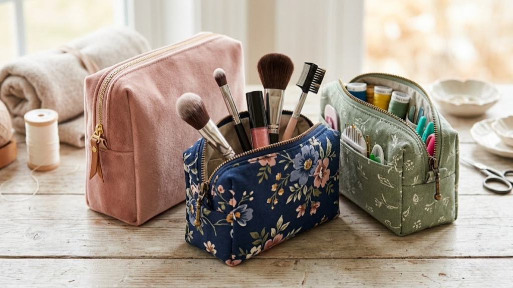 Structured box-style zipper pouch in waxed cotton canvas standing upright