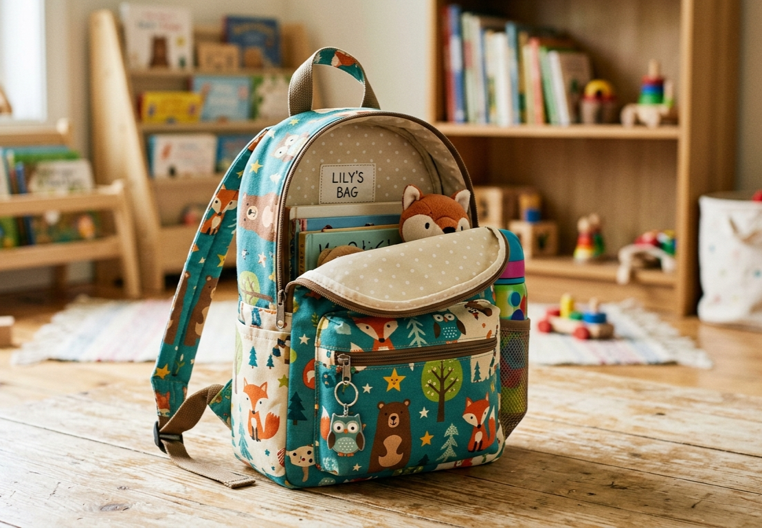 Child-sized fabric backpack with character print and lined interior standing upright