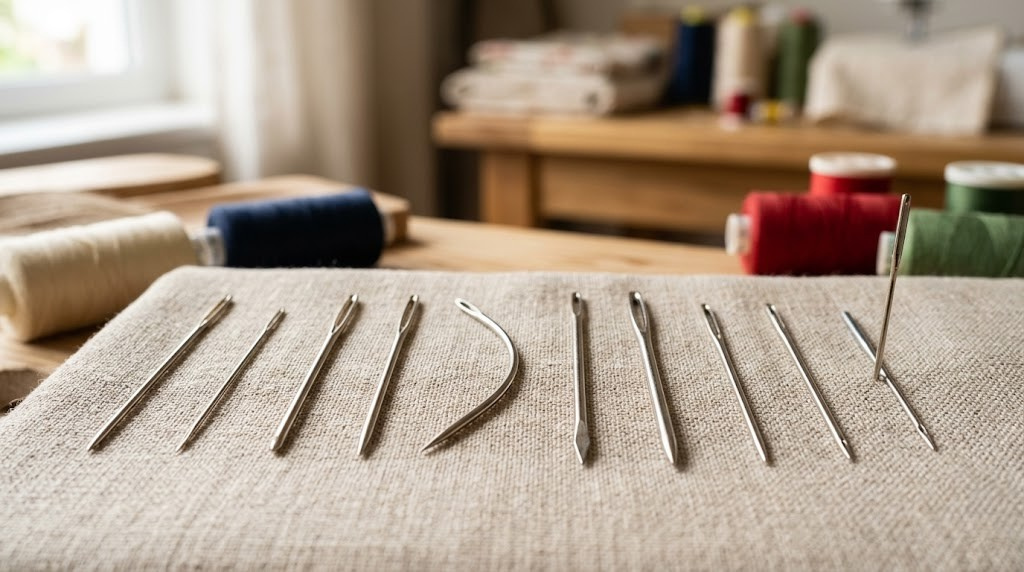 Close-up of sewing needle types