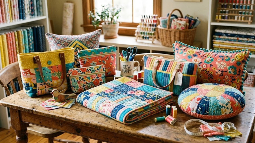 Collection of colorful sewing projects including bags, pillows, and quilts arranged on a wooden table