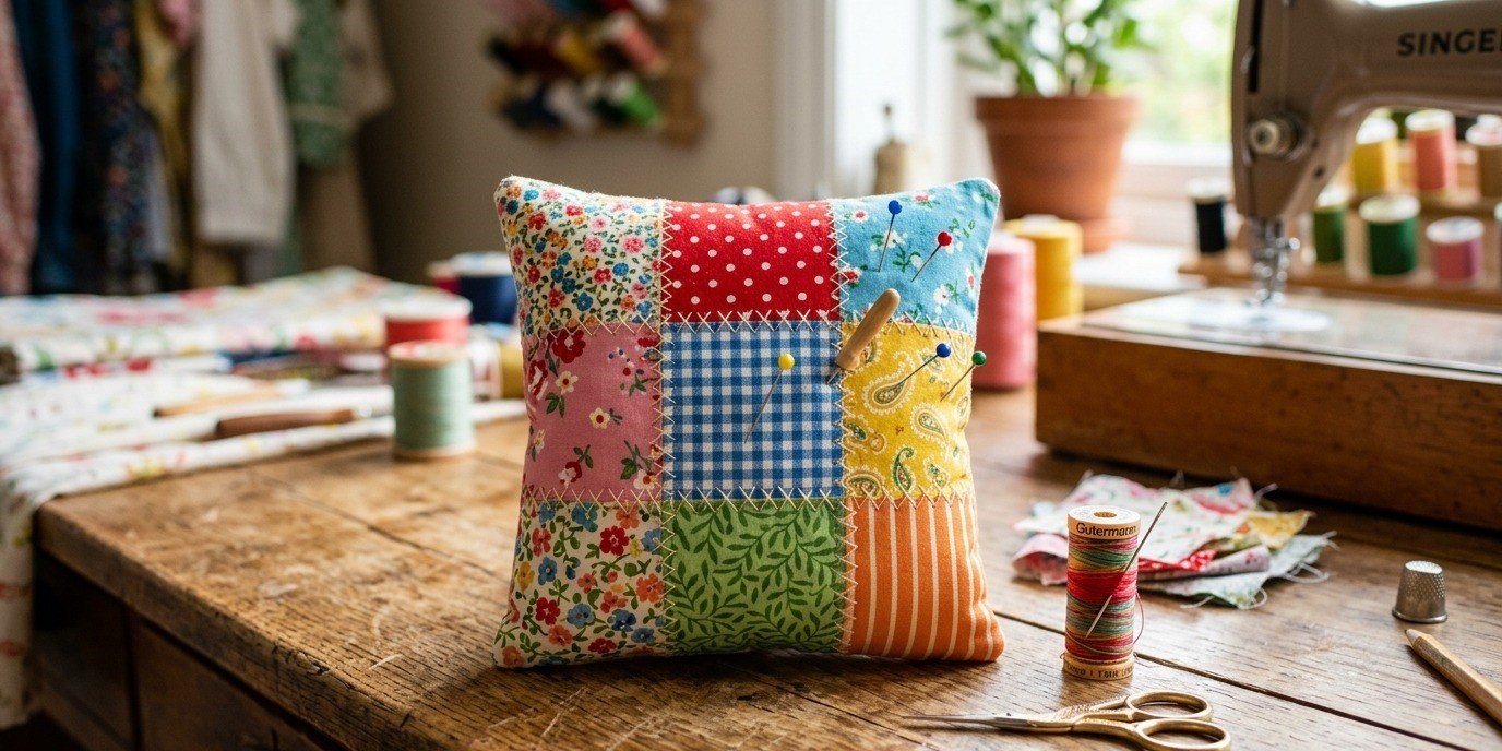 Colorful patchwork pincushion made from nine fabric squares sitting on wooden sewing desk