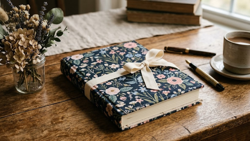 Composition notebook with fabric cover in floral cotton tied with a ribbon bookmark