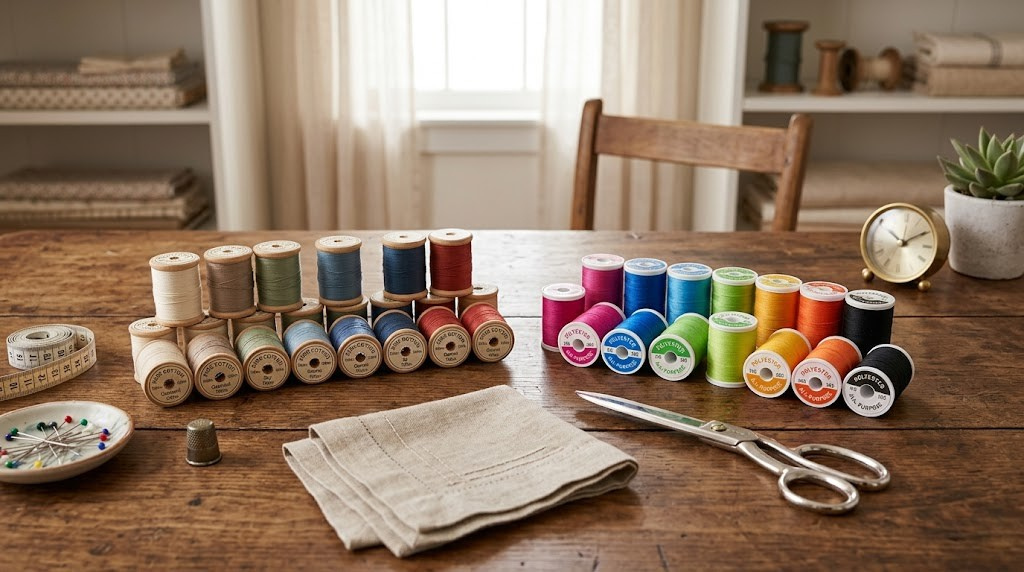 Cotton and polyester thread spools arranged on a wooden sewing table