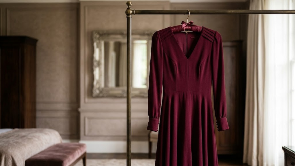 Elegant formal dress in deep burgundy crepe hanging on a satin hanger