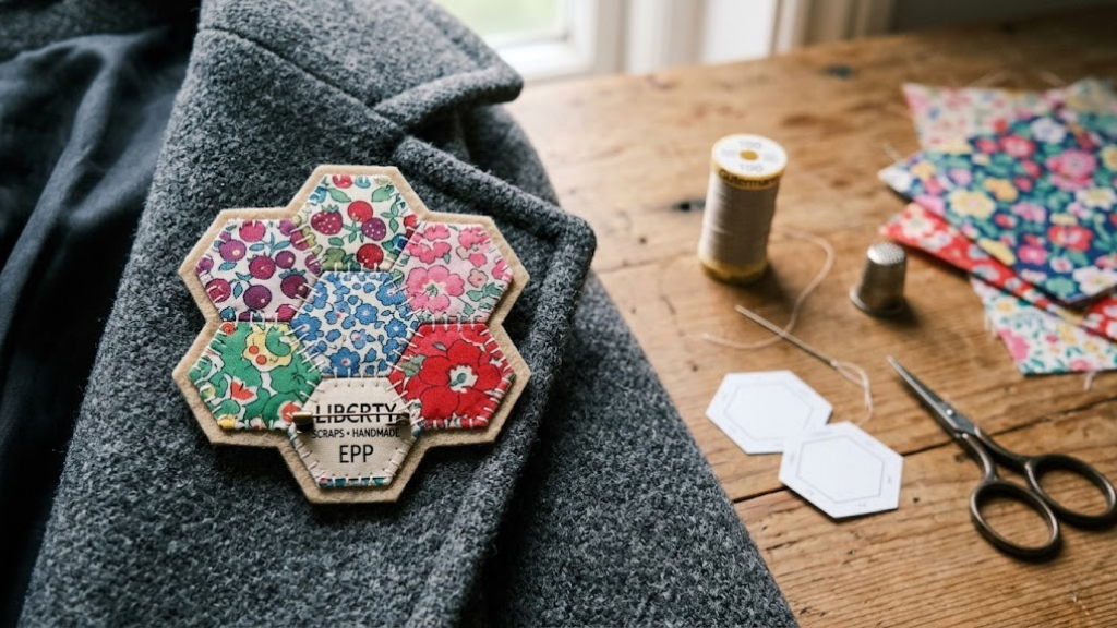 English paper piecing hexagon flower brooch made from Liberty print scraps