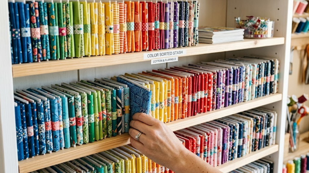 Stack of mini fabric bolts wrapped in paper covers on a craft room shelf