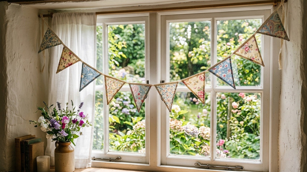 Fabric bunting garland strung with pennants in vintage floral prints hung across a window
