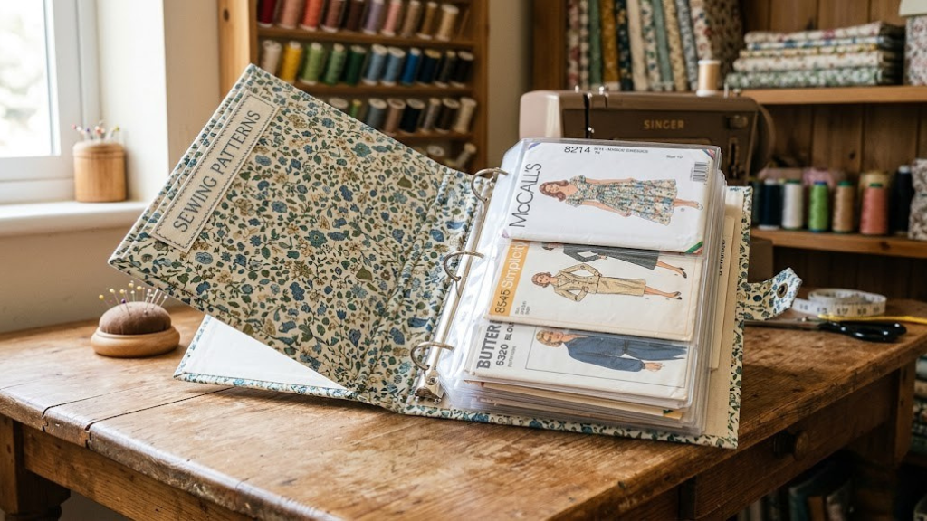 Fabric-covered binder holding sewing pattern envelopes in clear sleeves