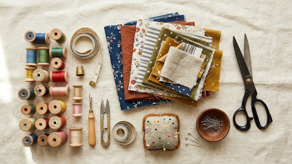 Flat lay of sewing supplies including fabric scraps, scissors, pins, and spools of thread on cream linen
