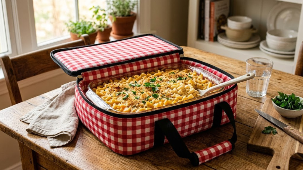 Insulated casserole carrier in red check pattern holding a nine by thirteen inch dish