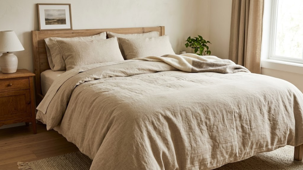 Linen duvet cover in warm oatmeal color on a bed with matching pillowcases