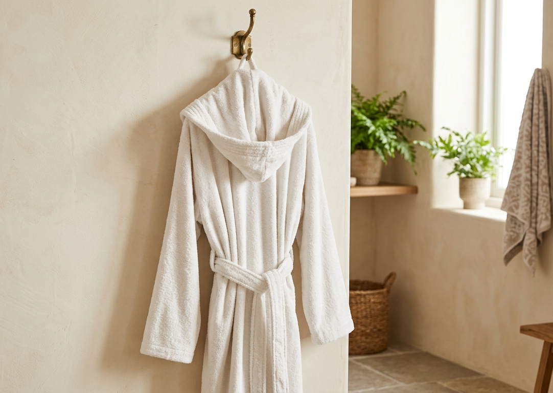 Long hooded bathrobe in plush terry cloth hanging on a brass hook