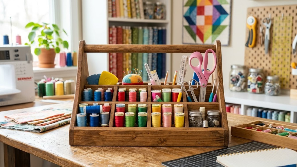 Multi-compartment craft room organization caddy with thread and tools