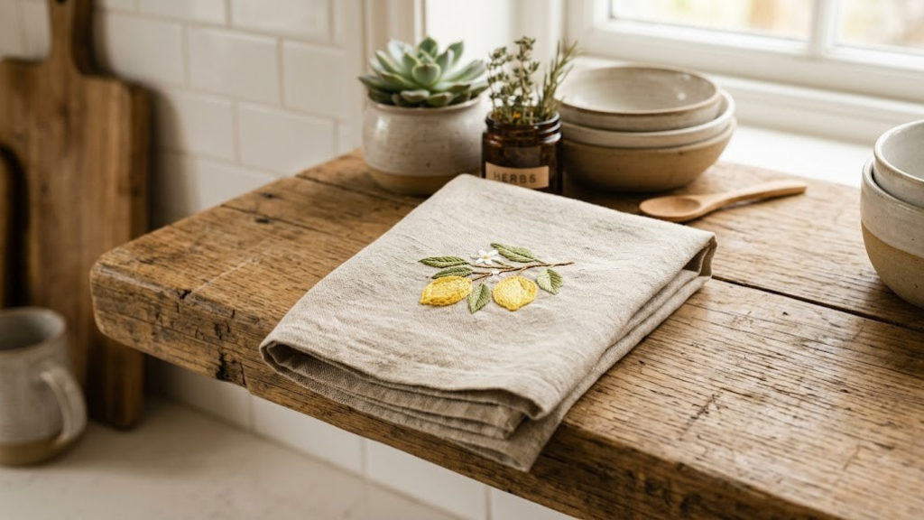 Natural linen tea towel with simple hand-embroidered lemon motif folded on a wooden shelf