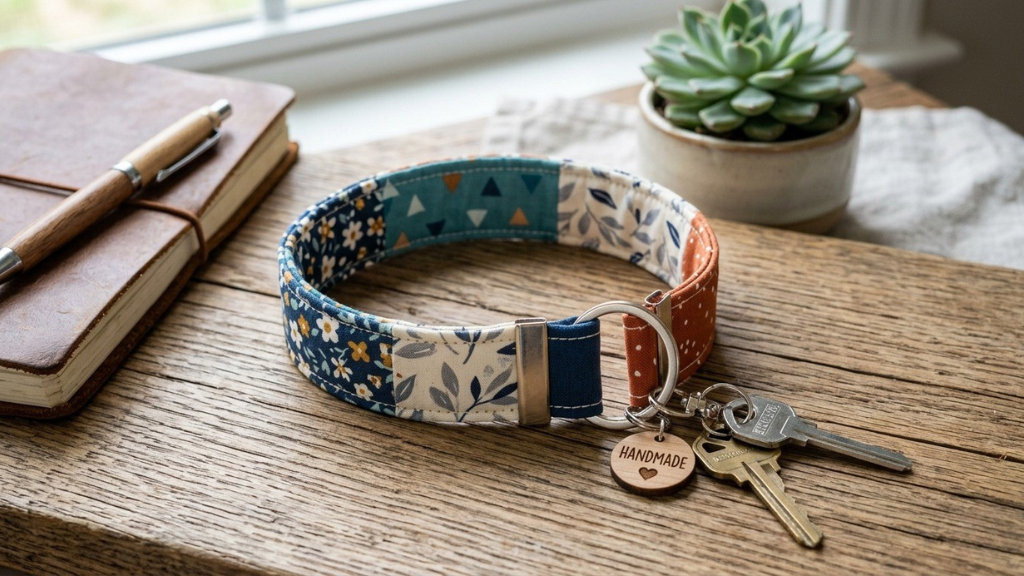 Patchwork fabric wristlet keychain with silver hardware and four coordinating prints