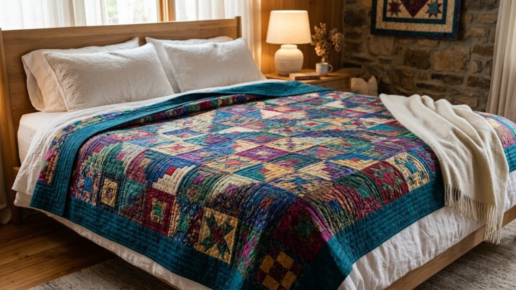 Queen size patchwork quilt in jewel tones spread across a bed