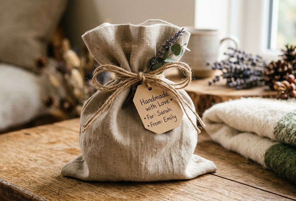 Reusable fabric gift bag made from upcycled linen tied with jute twine