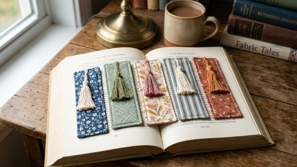 Set of five fabric bookmarks with tassels made from coordinating quilting cottons