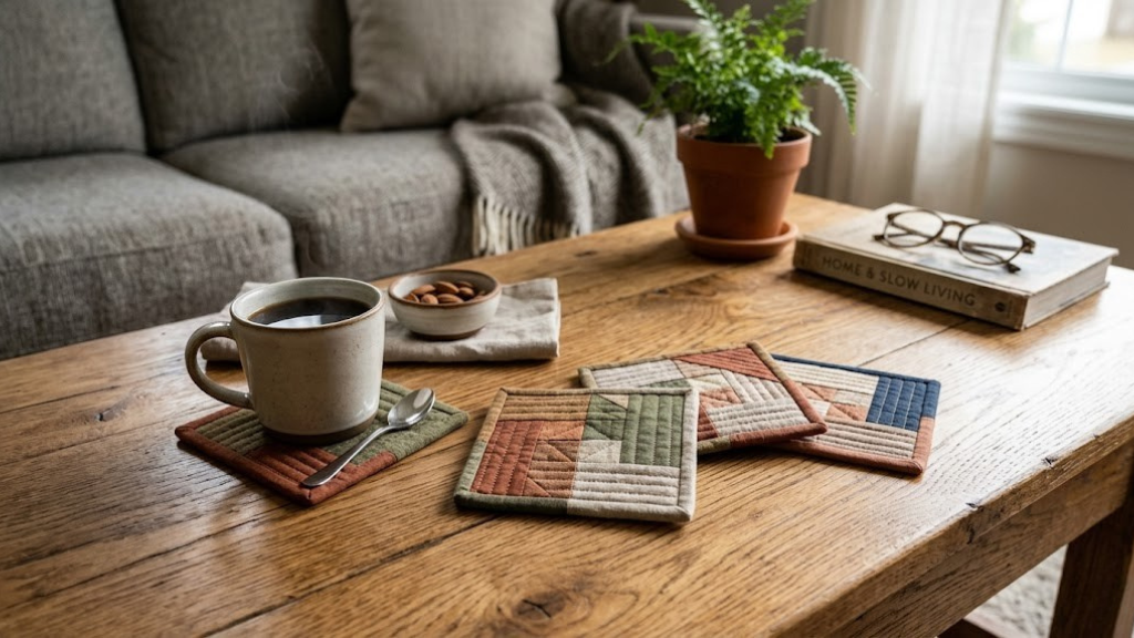 Set of four quilted fabric coasters in muted earth tones on a wooden coffee table