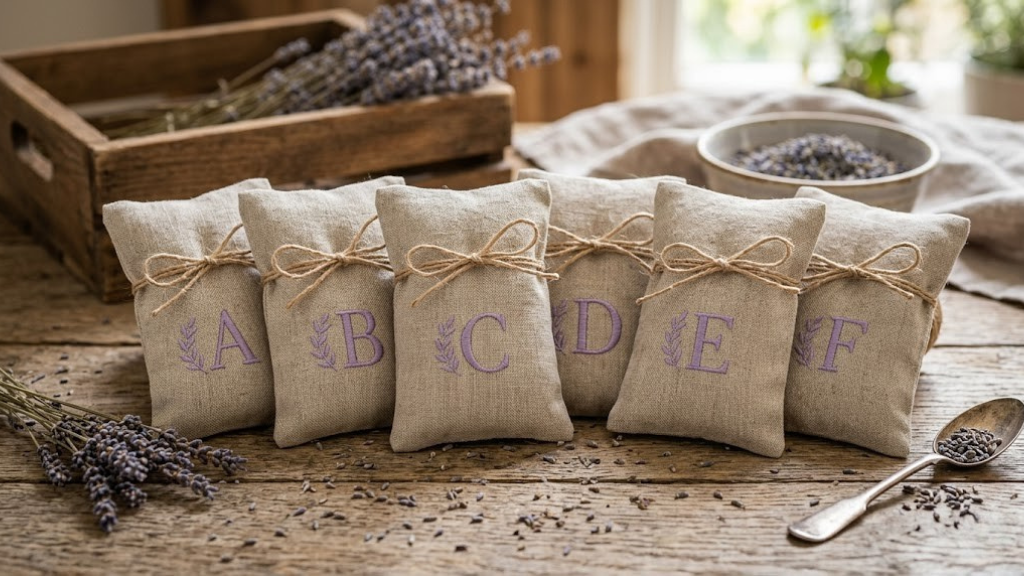 Set of six lavender sachets in linen with embroidered initials tied with natural jute