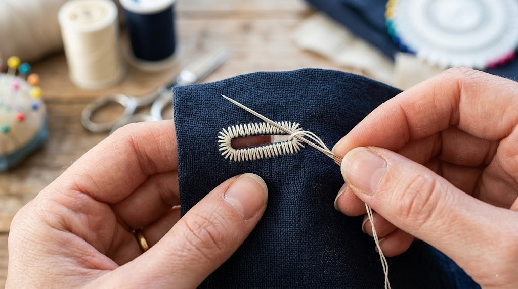 Sewing a buttonhole by hand without a buttonhole foot — close-up of fabric and needle