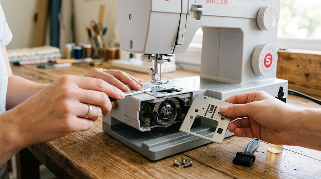 Sewing machine needle plate removal and bobbin area cleaning