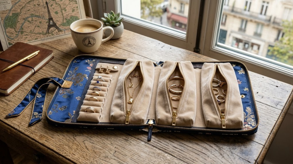 Silk travel jewelry roll with three zippered compartments and ring holder open flat