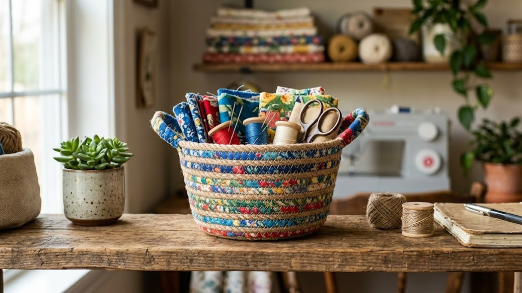 Small coiled fabric basket made from wrapped clothesline and fabric scraps on a shelf