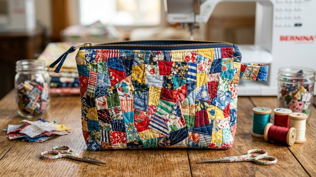 Small lined drawstring bag in floral cotton fabric with natural cotton cord tie