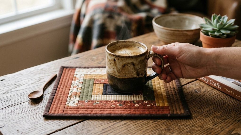 Small log cabin quilt block mug rug in warm earth tones holding a ceramic coffee mug