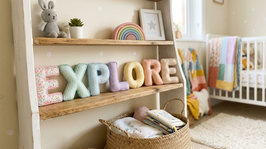 Soft fabric alphabet letters in coordinating pastel prints arranged on a child's shelf