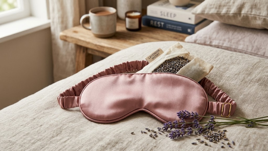 Soft fabric sleep eye mask in dusty rose silk with removable lavender insert