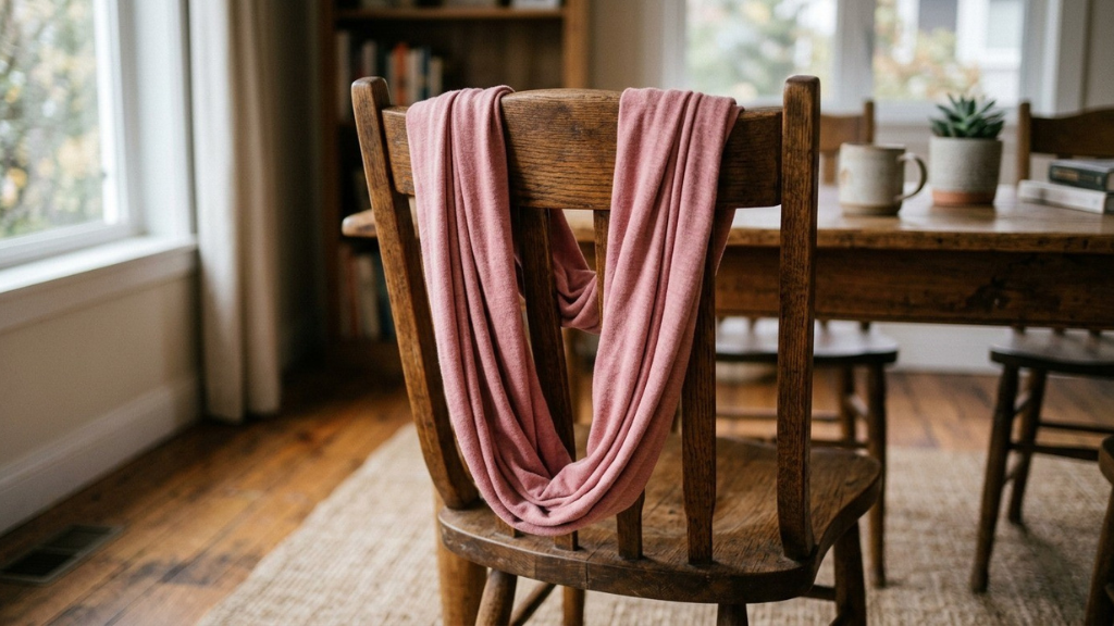 Soft jersey knit infinity scarf in dusty rose draped over a wooden chair back