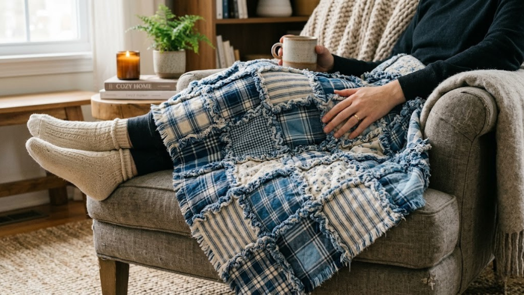 Soft rag quilt lap blanket with frayed seams in blue and cream flannel