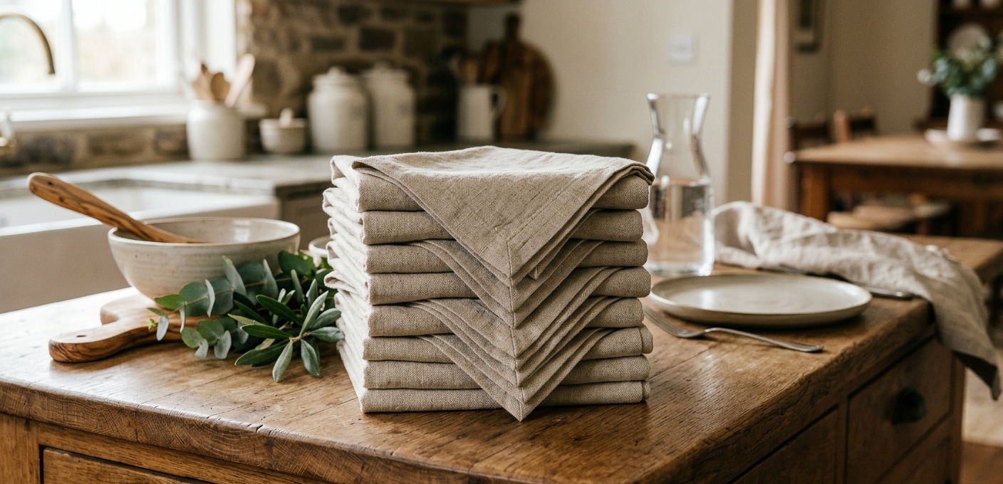 Stack of folded natural linen dinner napkins with mitered corners on a wooden counter