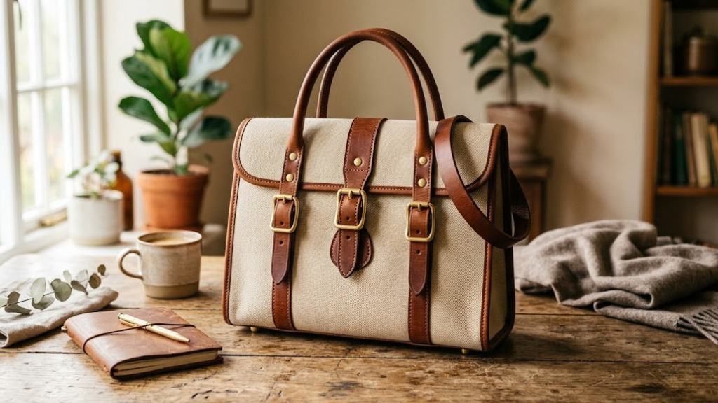 Structured canvas handbag with brown leather straps and brass hardware on a wooden surface