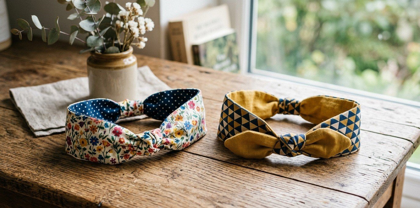 Two reversible cotton headbands in contrasting prints displayed on a wooden surface