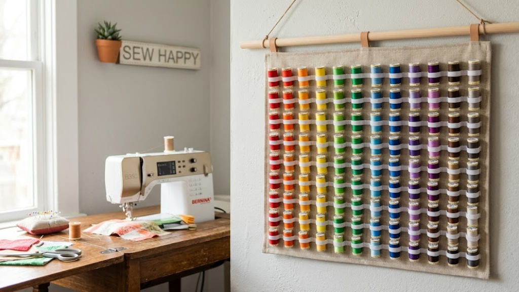 Wall-hanging fabric thread organizer with rows of thread spools displayed like a rainbow