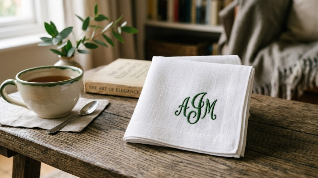 White linen handkerchief with embroidered monogram in green thread folded neatly