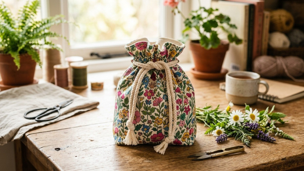 Zipper pouch made from tiny fabric scraps sewn together in crumb quilt technique