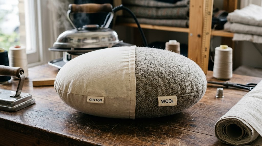 Close-up of a tailor's pressing ham with cotton and wool cover sides