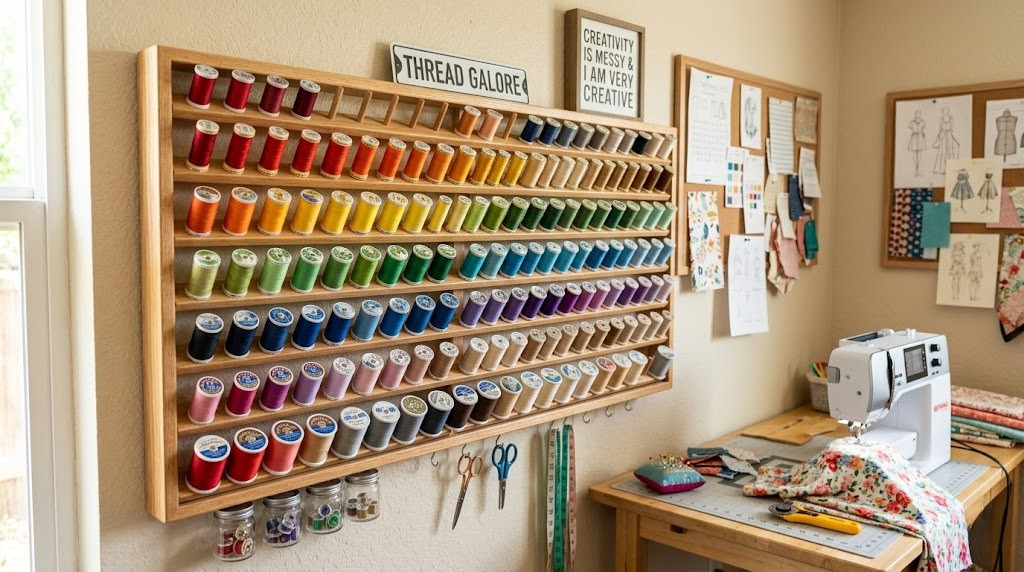 Colorful thread spools organized on a wall-mounted rack in a sewing room