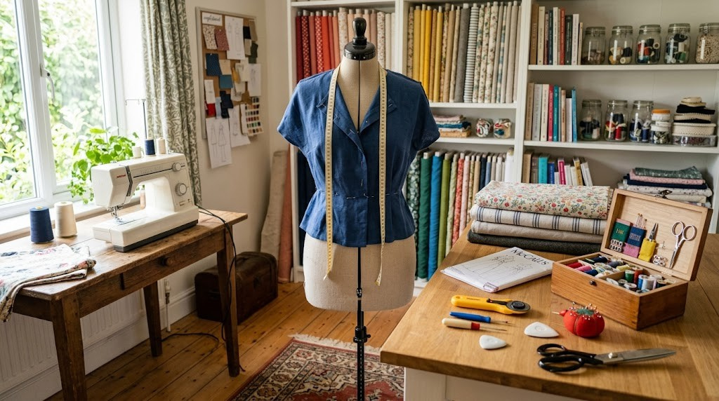 Dress form in a home sewing studio with fabric and sewing tools